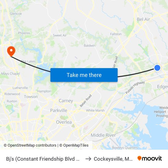 Bj's (Constant Friendship Blvd Near Circle) to Cockeysville, Maryland map