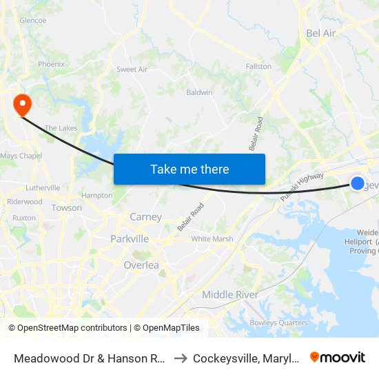 Meadowood Dr & Hanson Road to Cockeysville, Maryland map