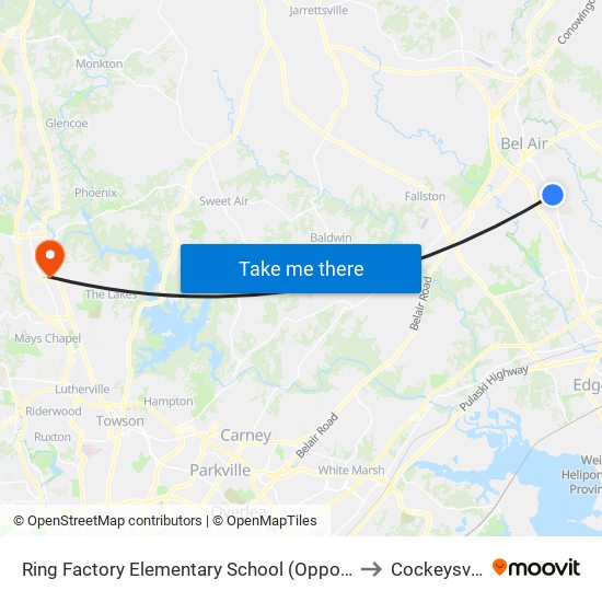 Ring Factory Elementary School (Opposite Emmorton Rd/Rt 924 & Lexington Rd) to Cockeysville, Maryland map