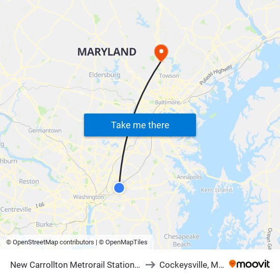 New Carrollton Metrorail Station at Bus Bay F to Cockeysville, Maryland map
