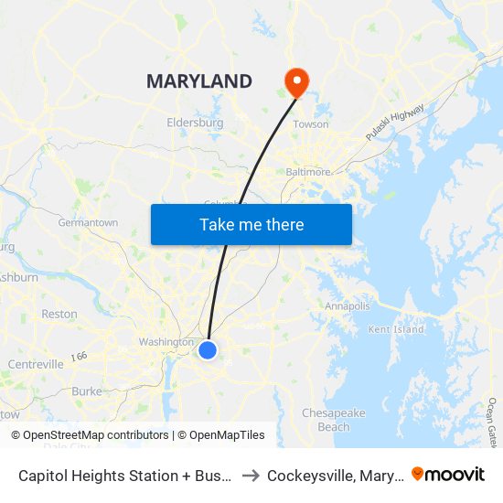 Capitol Heights Station + Bus Bay B to Cockeysville, Maryland map