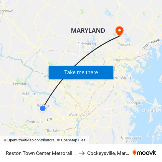 Reston Town Center Metrorail Station to Cockeysville, Maryland map