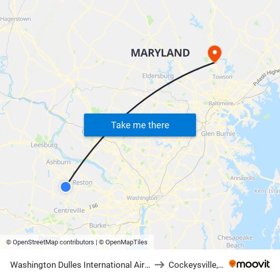 Washington Dulles International Airport Metrorail Station to Cockeysville, Maryland map