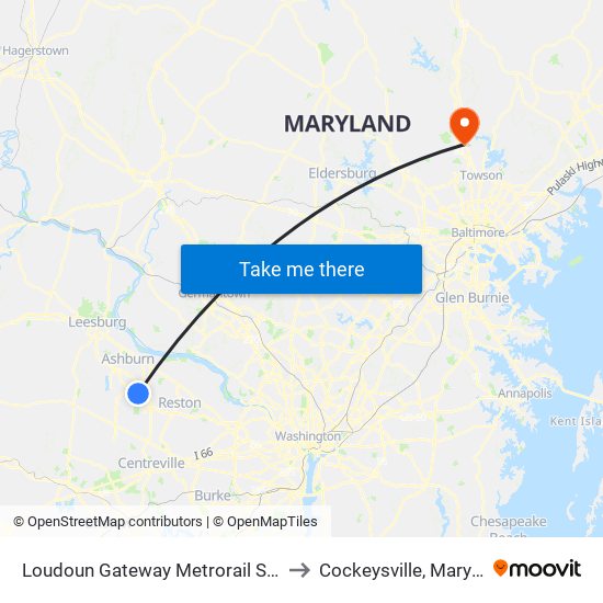 Loudoun Gateway Metrorail Station to Cockeysville, Maryland map