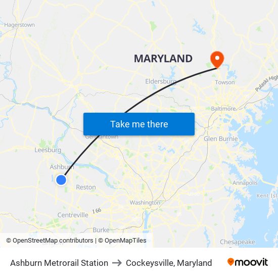Ashburn Metrorail Station to Cockeysville, Maryland map