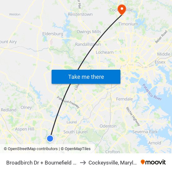 Broadbirch Dr + Bournefield Way to Cockeysville, Maryland map