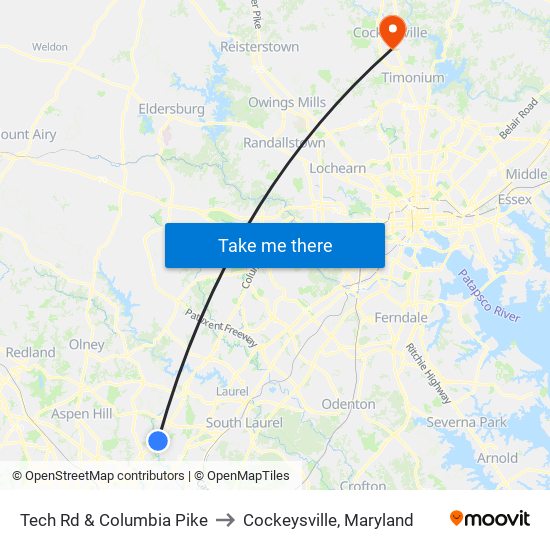 Tech Rd & Columbia Pike to Cockeysville, Maryland map