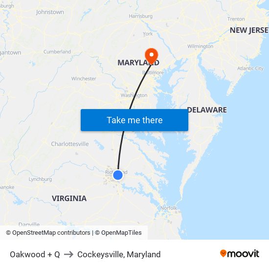 Oakwood + Q to Cockeysville, Maryland map