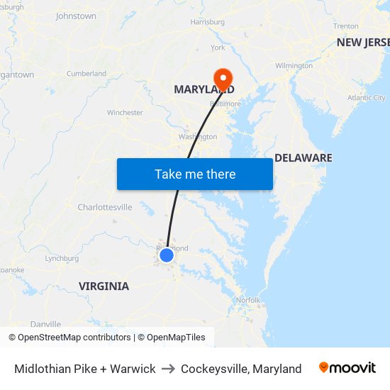 Midlothian Pike + Warwick to Cockeysville, Maryland map