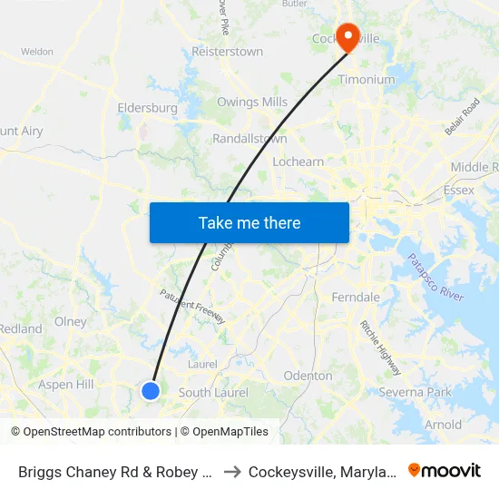 Briggs Chaney Rd & Robey Rd to Cockeysville, Maryland map