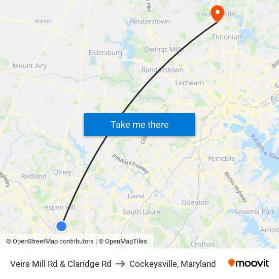 Veirs Mill Rd & Claridge Rd to Cockeysville, Maryland map