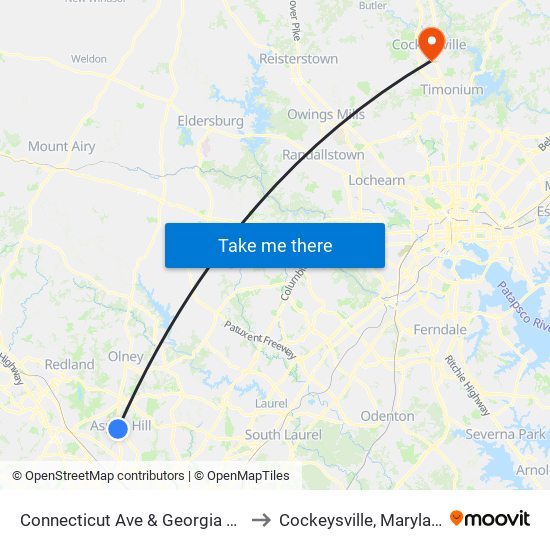 Connecticut Ave & Georgia Ave to Cockeysville, Maryland map