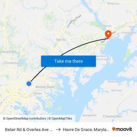 Belair Rd & Overlea Ave Nb to Havre De Grace, Maryland map