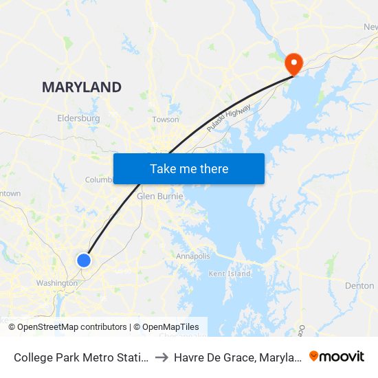 College Park Metro Station to Havre De Grace, Maryland map