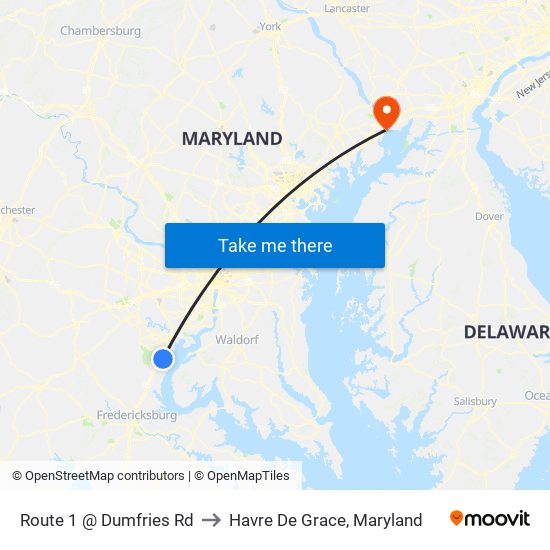 Route 1 @ Dumfries Rd to Havre De Grace, Maryland map