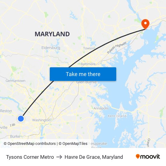 Tysons Corner Metro to Havre De Grace, Maryland map