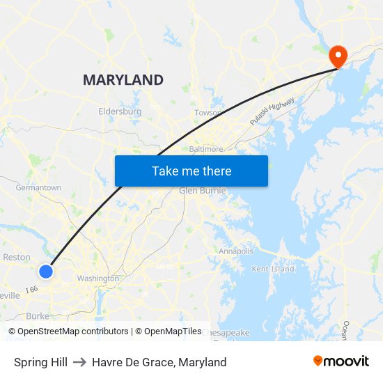Spring Hill to Havre De Grace, Maryland map