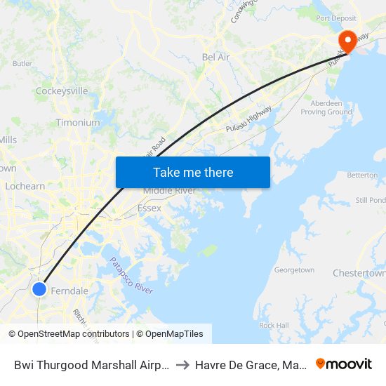 Bwi Thurgood Marshall  Airport, Md to Havre De Grace, Maryland map