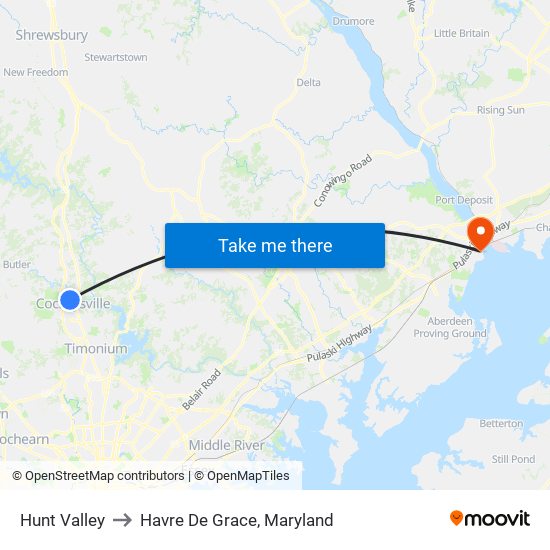 Hunt Valley to Havre De Grace, Maryland map