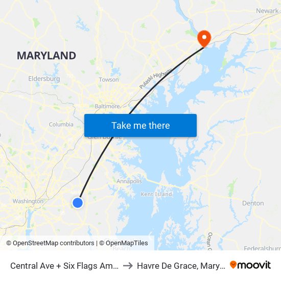 Central Av+Six Flags to Havre De Grace, Maryland map