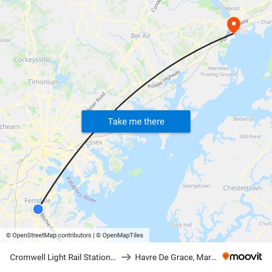 Cromwell Light Rail Station Bay 1 to Havre De Grace, Maryland map