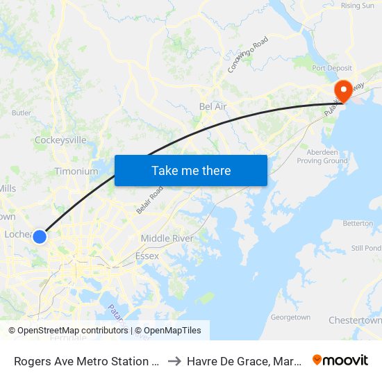 Rogers Ave Metro Station Bay 6 to Havre De Grace, Maryland map