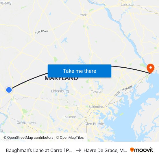 Baughman's Lane at Carroll Park Manor to Havre De Grace, Maryland map