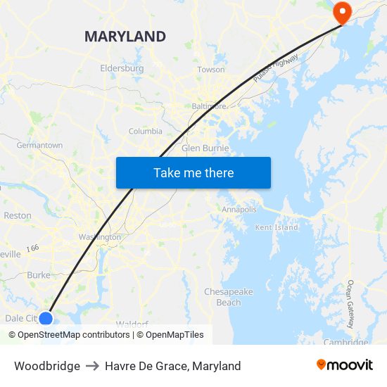 Woodbridge to Havre De Grace, Maryland map