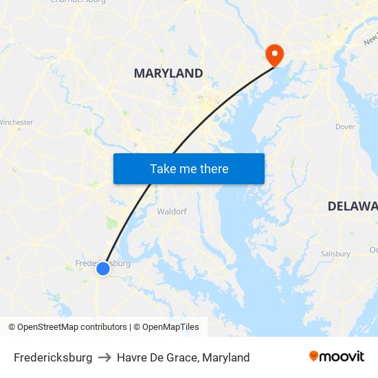 Fredericksburg to Havre De Grace, Maryland map
