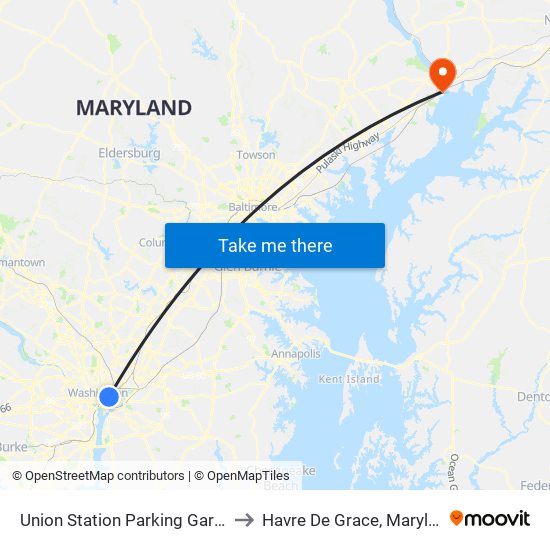 Union Station Parking Garage to Havre De Grace, Maryland map