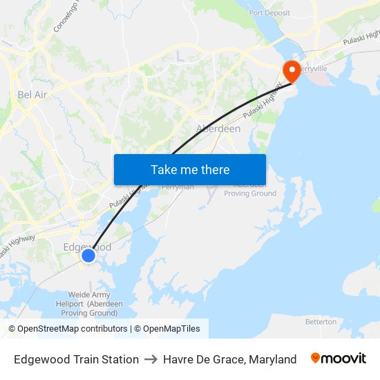 Edgewood Train Station to Havre De Grace, Maryland map