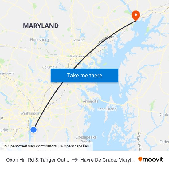 Oxon Hill Rd & Tanger Outlets to Havre De Grace, Maryland map