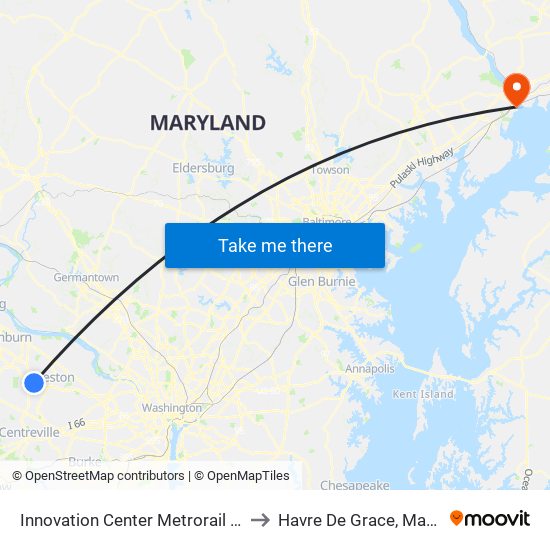 Innovation Center Metrorail Station to Havre De Grace, Maryland map
