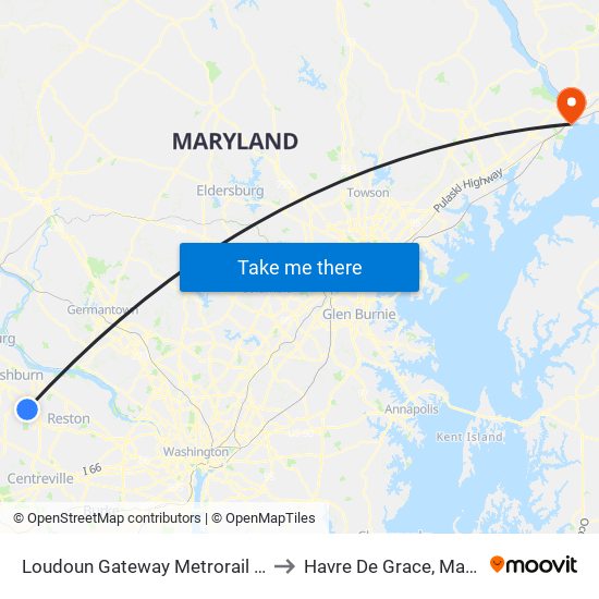 Loudoun Gateway Metrorail Station to Havre De Grace, Maryland map