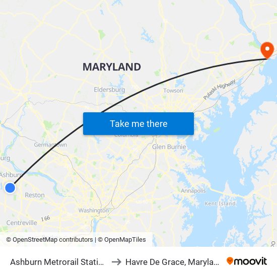 Ashburn Metrorail Station to Havre De Grace, Maryland map