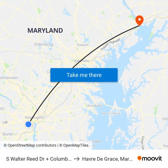 S Walter Reed Dr + Columbia Pk to Havre De Grace, Maryland map