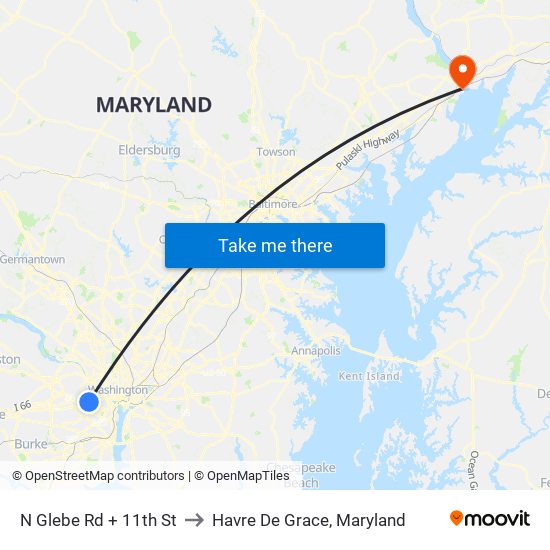 N Glebe Rd + 11th St to Havre De Grace, Maryland map