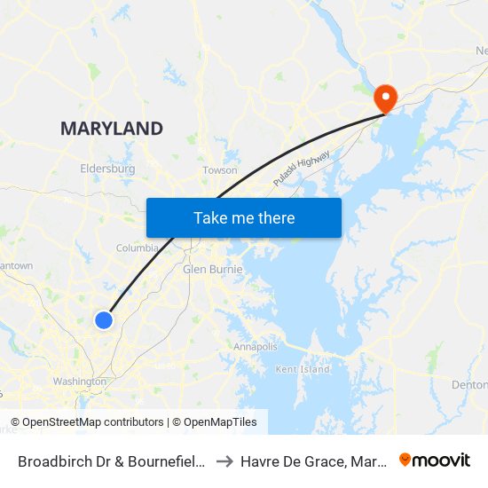 Broadbirch Dr & Bournefield Way to Havre De Grace, Maryland map