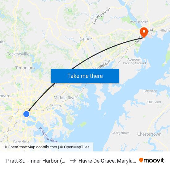 Pratt St. - Inner Harbor (Sb) to Havre De Grace, Maryland map