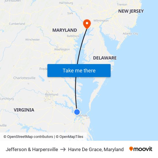 Jefferson & Harpersville to Havre De Grace, Maryland map