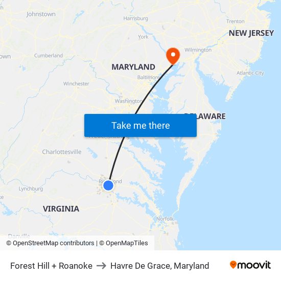 Forest Hill + Roanoke to Havre De Grace, Maryland map