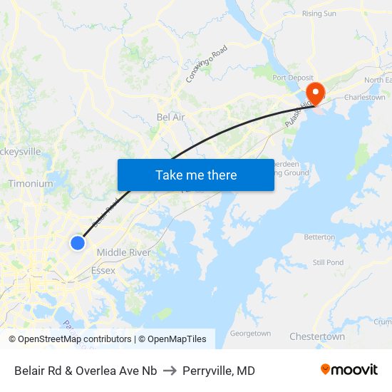 Belair Rd & Overlea Ave Nb to Perryville, MD map