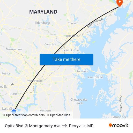 Opitz Blvd @ Montgomery Ave to Perryville, MD map