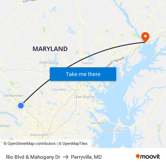 Rio Blvd & Mahogany Dr to Perryville, MD map