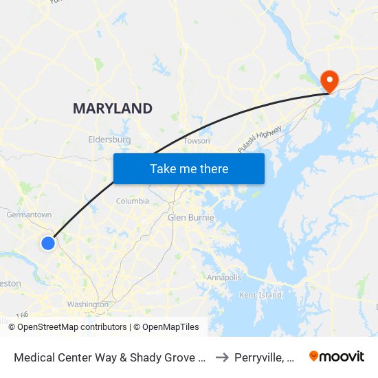 Medical Center Way & Shady Grove Rd to Perryville, MD map