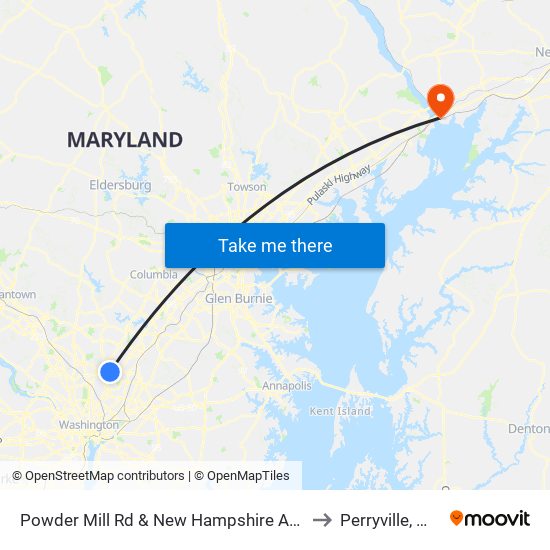 Powder Mill Rd & New Hampshire Ave to Perryville, MD map