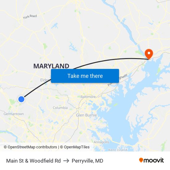 Main St & Woodfield Rd to Perryville, MD map