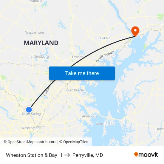 Wheaton Station & Bay H to Perryville, MD map