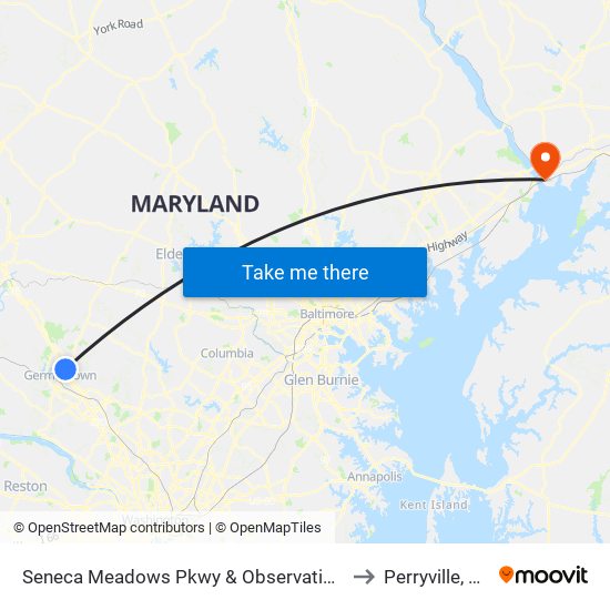 Seneca Meadows Pkwy & Observation Dr to Perryville, MD map