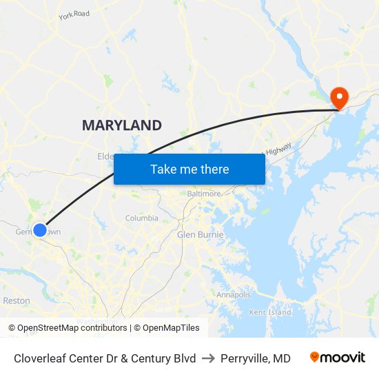 Cloverleaf Center Dr & Century Blvd to Perryville, MD map